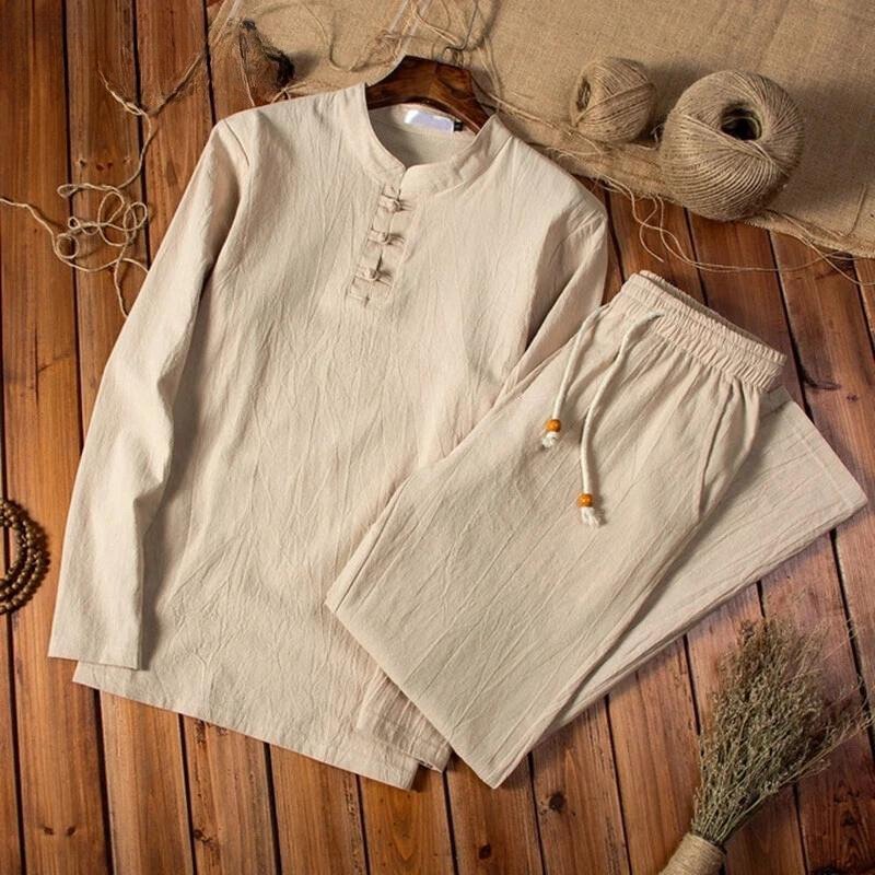 Men's Casual Coordinate Set – Mandarin Collar Top & Elastic Waist Pants – Relaxed Fit Loungewear | Thomler