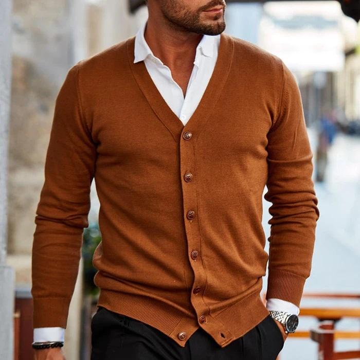 Men's Button-Up Sweater with Ribbed Trim – Long Sleeve V-Neck Knit Cardigan for Casual & Office Wear, Layering Essential for Fall & Spring | Thomler