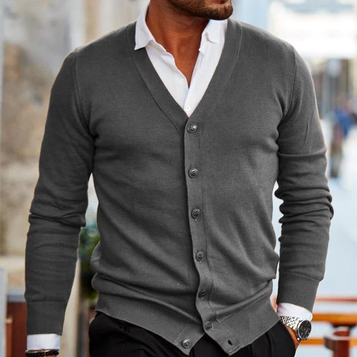 Men's Button-Up Sweater with Ribbed Trim – Long Sleeve V-Neck Knit Cardigan for Casual & Office Wear, Layering Essential for Fall & Spring | Thomler