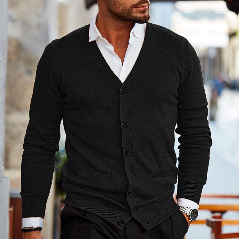 Men's Button-Up Sweater with Ribbed Trim – Long Sleeve V-Neck Knit Cardigan for Casual & Office Wear, Layering Essential for Fall & Spring | Thomler