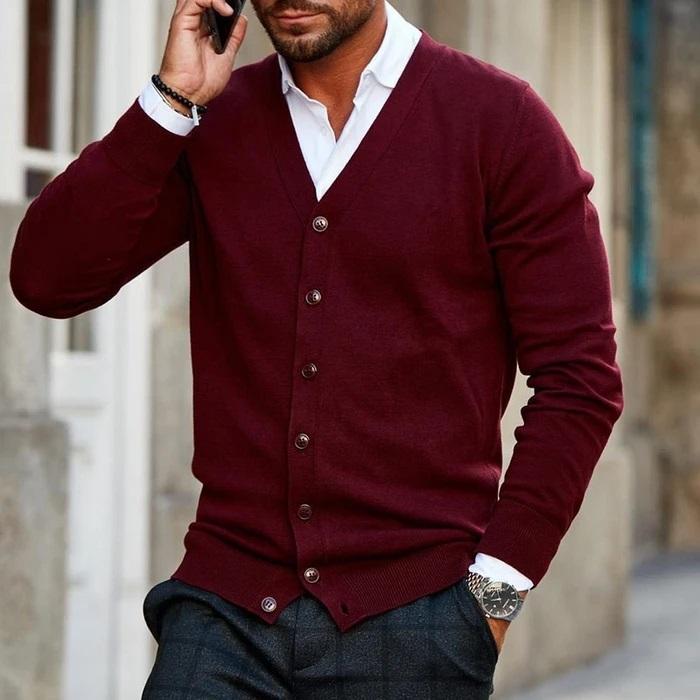 Men's Button-Up Sweater with Ribbed Trim – Long Sleeve V-Neck Knit Cardigan for Casual & Office Wear, Layering Essential for Fall & Spring | Thomler