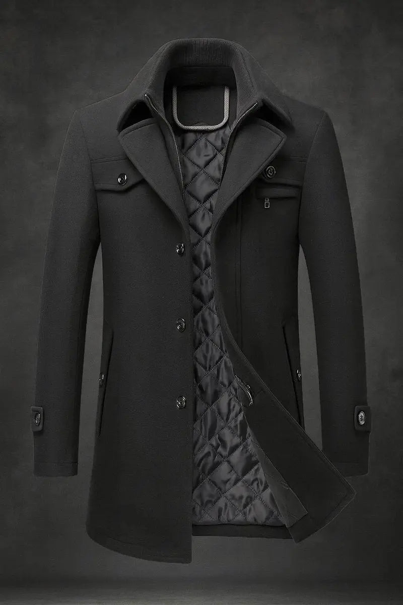 Men's Quilted-Lined Wool Topcoat – Formal Winter Coat with Layered Stand Collar & Multiple Pockets | Thomler