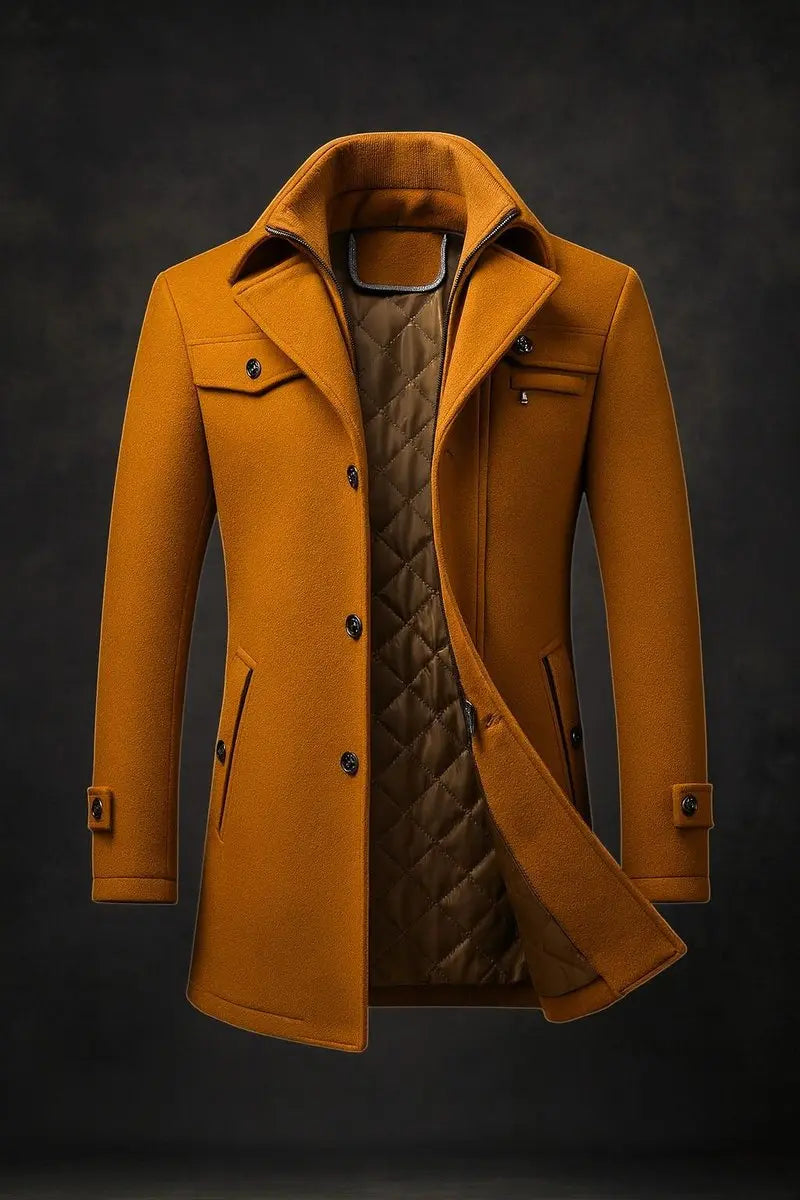Men's Quilted-Lined Wool Topcoat – Formal Winter Coat with Layered Stand Collar & Multiple Pockets | Thomler