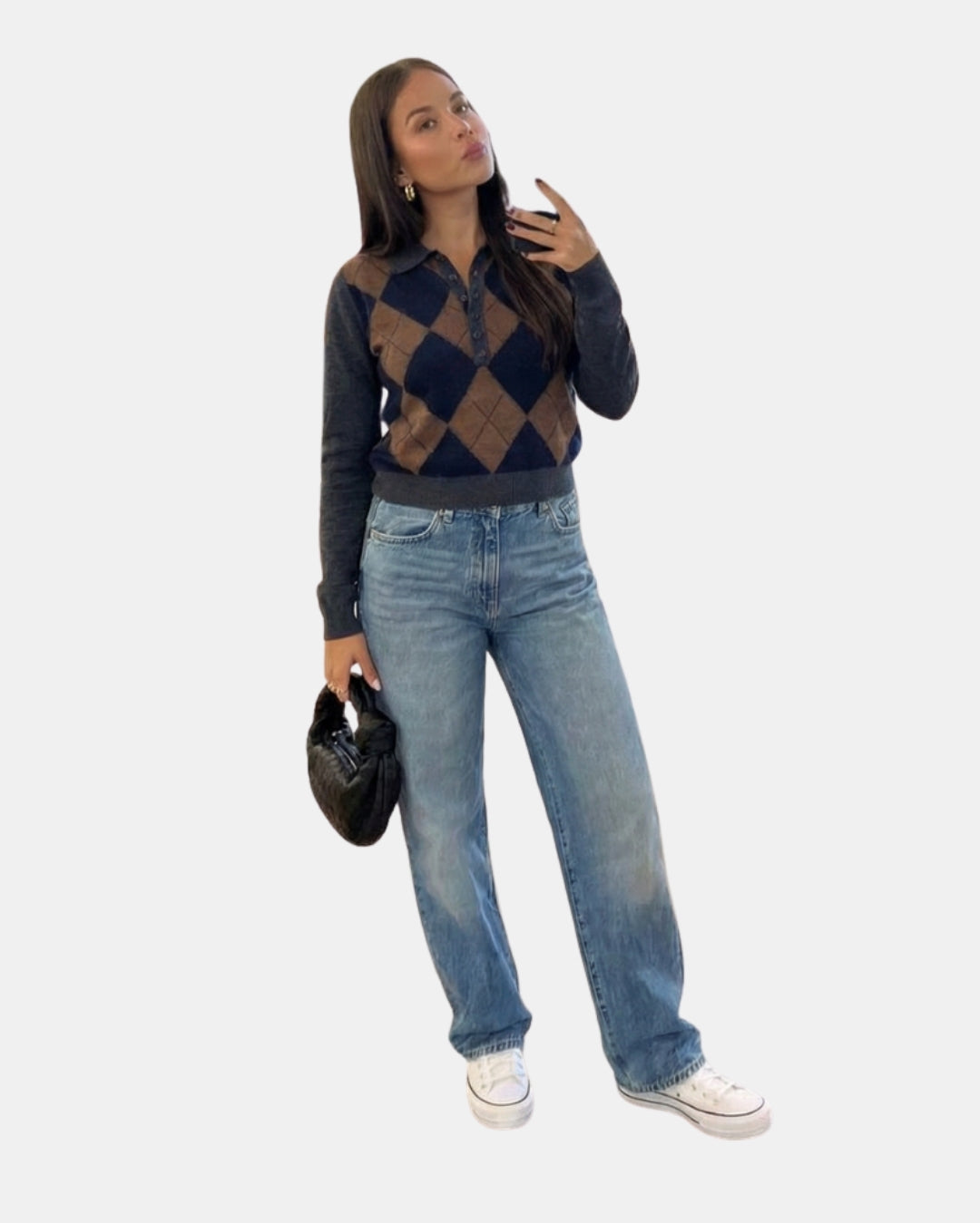 Diamond-Knit Button-Up Polo Cardigan for Women – Collared Long Sleeve Top with Ribbed Trim | Thomler