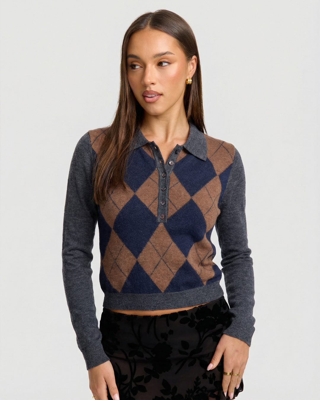 Diamond-Knit Button-Up Polo Cardigan for Women – Collared Long Sleeve Top with Ribbed Trim | Thomler
