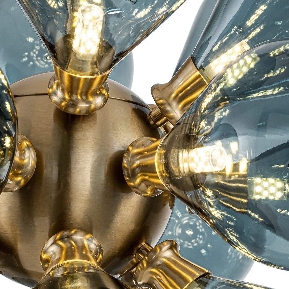 18-Light Glass Globe Ceiling Chandelier Blue Orb Sputnik Design Gold Frame Adjustable Height Hardwired for Dining Room Foyer | Thomler