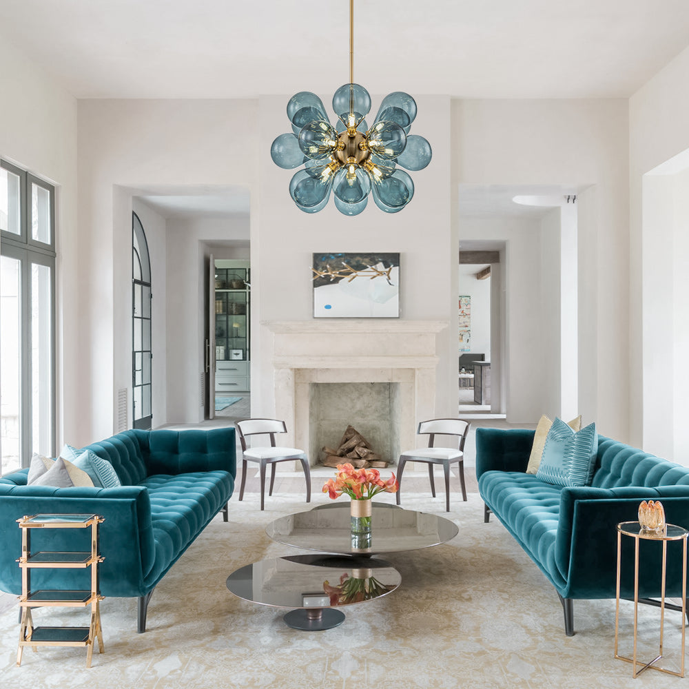 18-Light Glass Globe Ceiling Chandelier Blue Orb Sputnik Design Gold Frame Adjustable Height Hardwired for Dining Room Foyer | Thomler