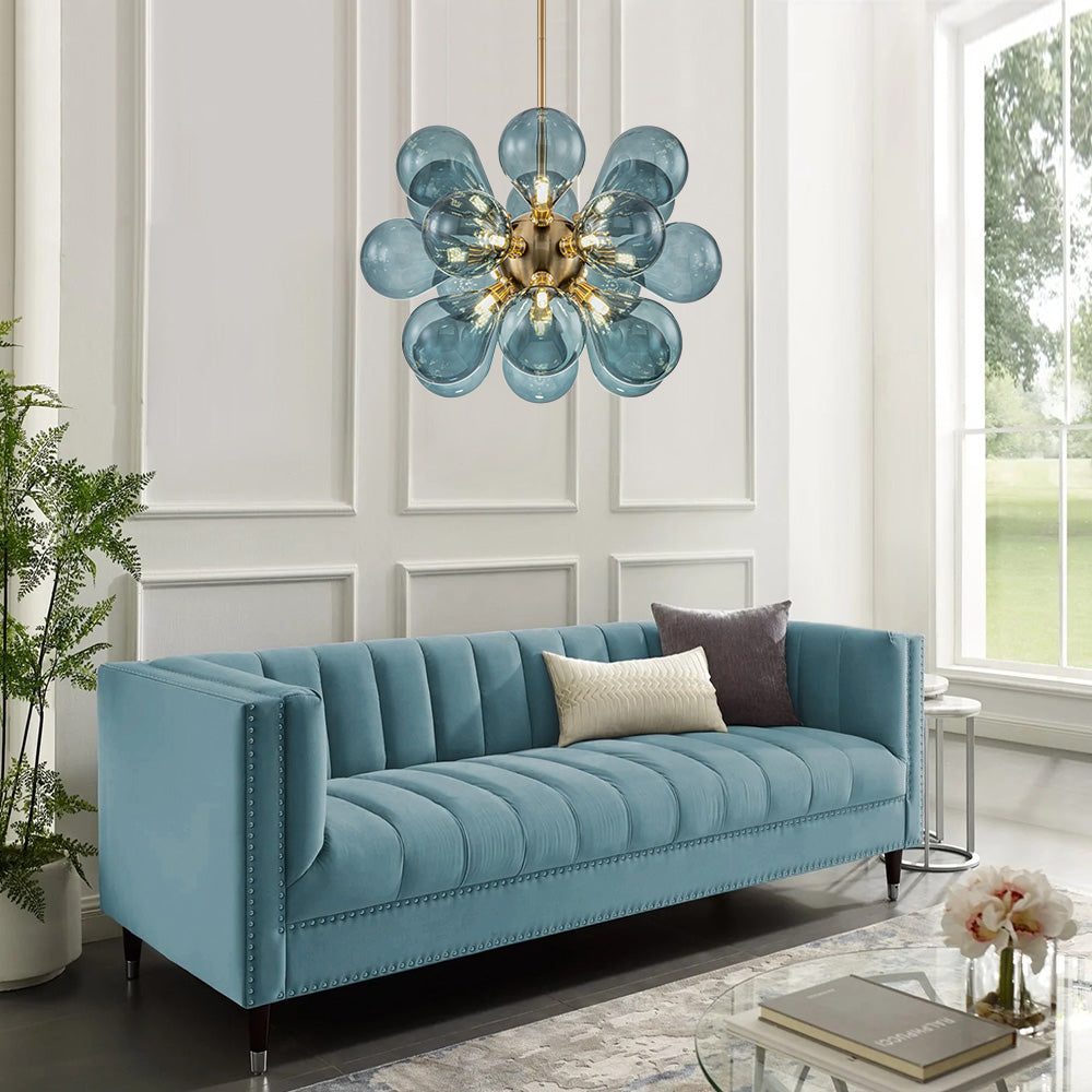 18-Light Glass Globe Ceiling Chandelier Blue Orb Sputnik Design Gold Frame Adjustable Height Hardwired for Dining Room Foyer | Thomler