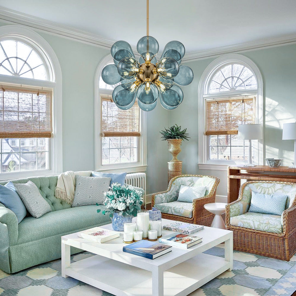 18-Light Glass Globe Ceiling Chandelier Blue Orb Sputnik Design Gold Frame Adjustable Height Hardwired for Dining Room Foyer | Thomler