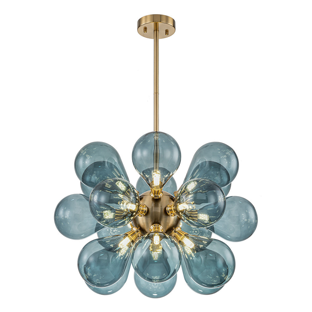 18-Light Glass Globe Ceiling Chandelier Blue Orb Sputnik Design Gold Frame Adjustable Height Hardwired for Dining Room Foyer | Thomler