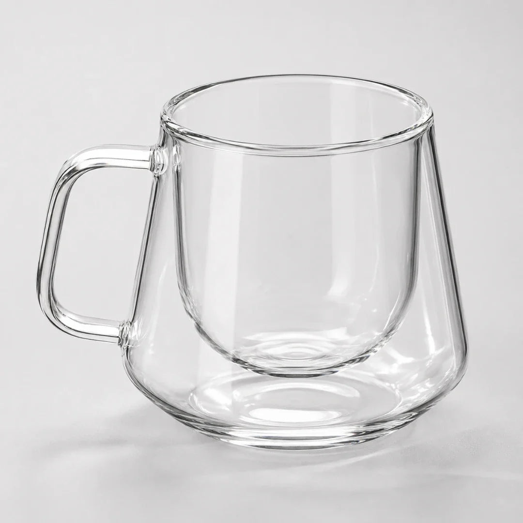 Insulated Borosilicate Coffee Cup with Geometric Faceted Exterior – 6.8 oz Clear Glass Espresso Tumbler for Hot & Cold Drinks | Thomler