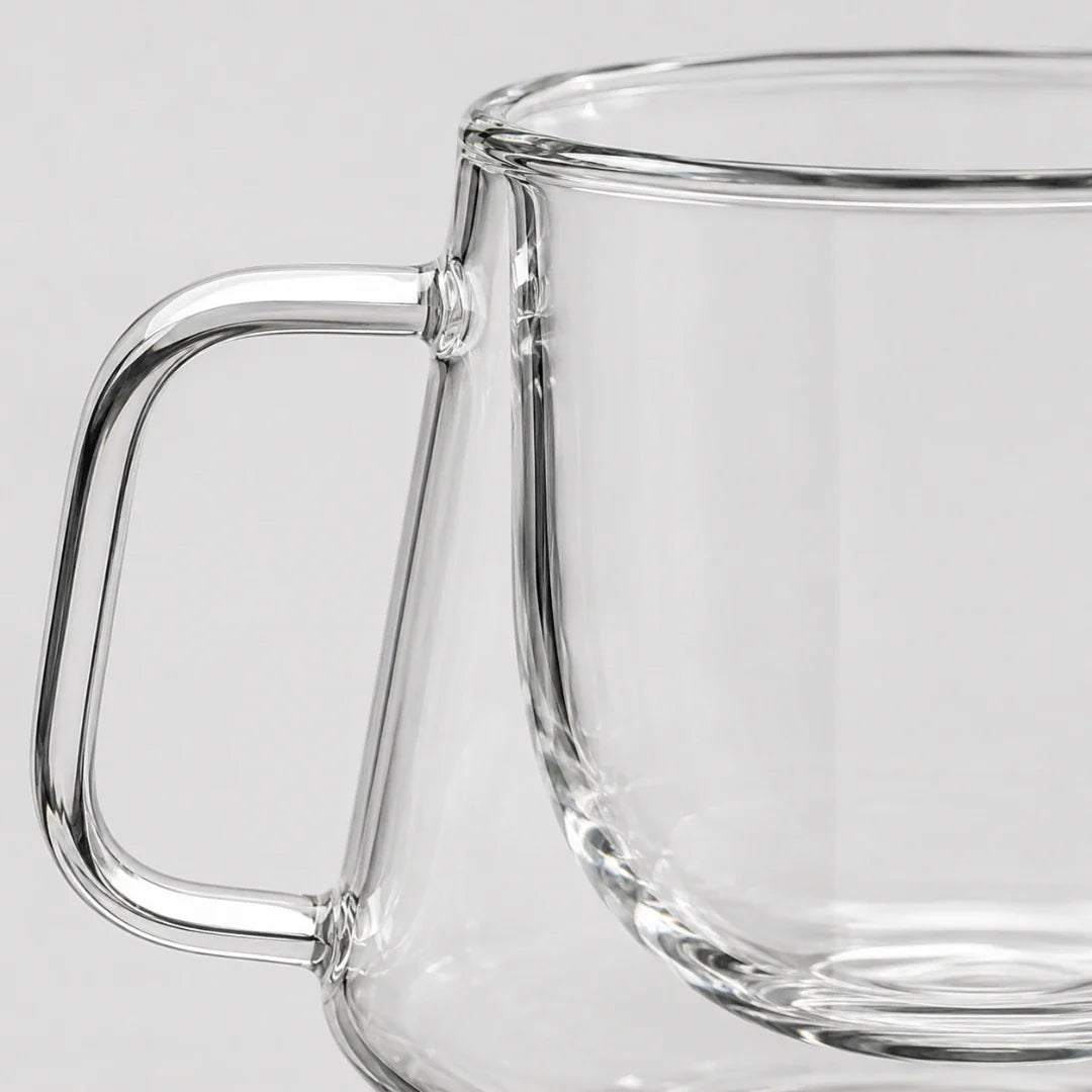 Insulated Borosilicate Coffee Cup with Geometric Faceted Exterior – 6.8 oz Clear Glass Espresso Tumbler for Hot & Cold Drinks | Thomler