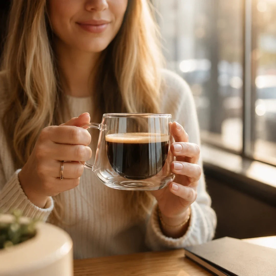 Insulated Borosilicate Coffee Cup with Geometric Faceted Exterior – 6.8 oz Clear Glass Espresso Tumbler for Hot & Cold Drinks | Thomler