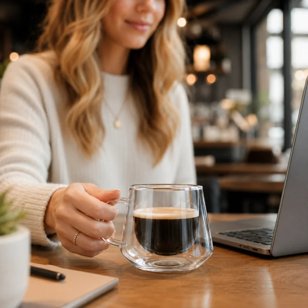 Insulated Borosilicate Coffee Cup with Geometric Faceted Exterior – 6.8 oz Clear Glass Espresso Tumbler for Hot & Cold Drinks | Thomler
