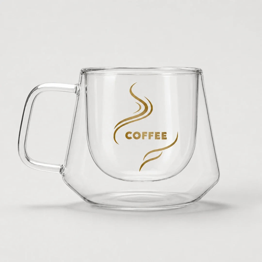 Insulated Borosilicate Coffee Cup with Geometric Faceted Exterior – 6.8 oz Clear Glass Espresso Tumbler for Hot & Cold Drinks | Thomler