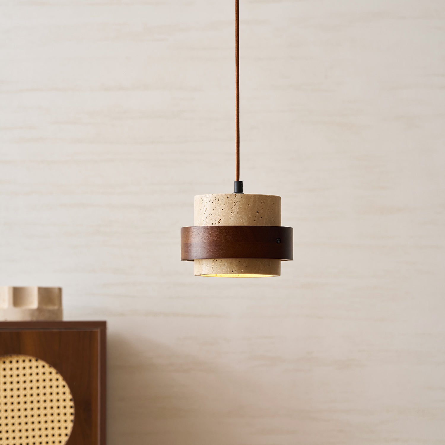 Pendant Light Travertine Stone Shade 6.7 in Ambient Walnut Wood Dining Room Kitchen Island Hanging Lamp | Thomler