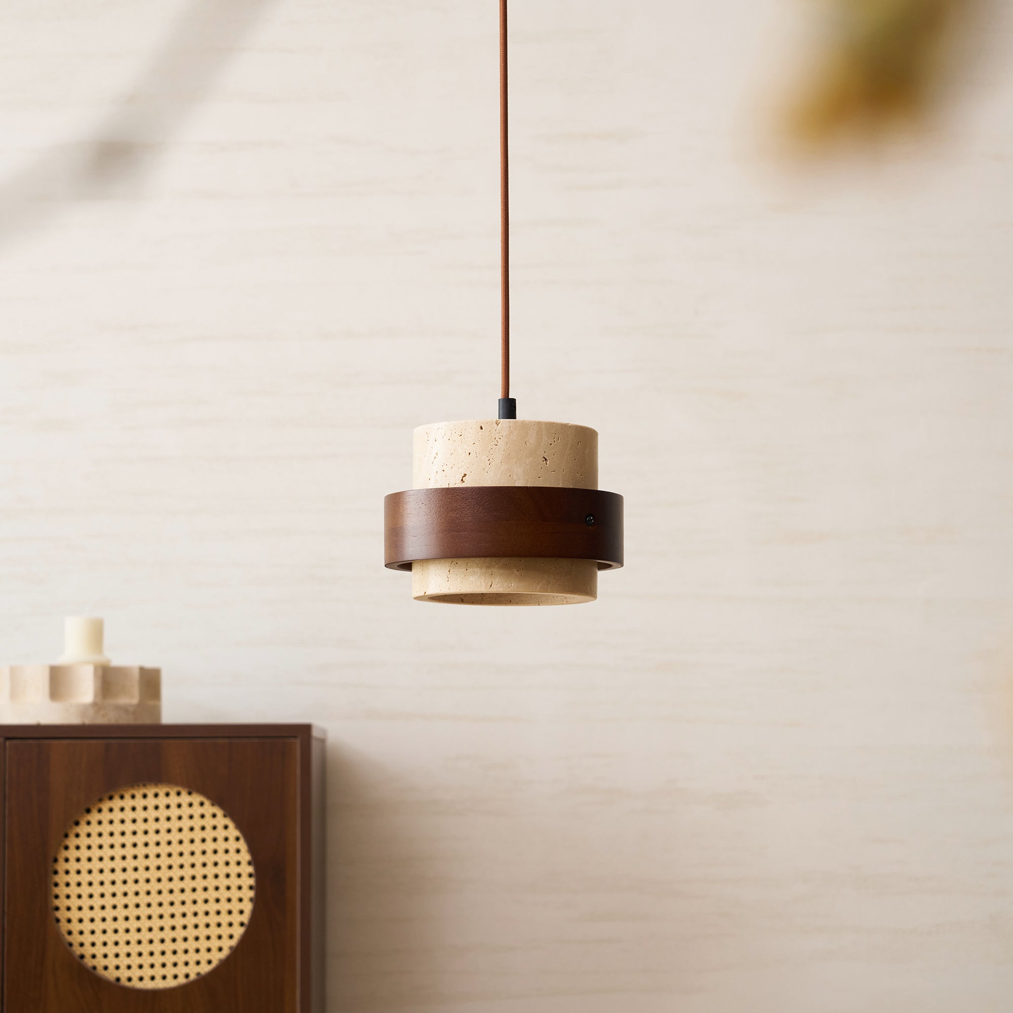 Pendant Light Travertine Stone Shade 6.7 in Ambient Walnut Wood Dining Room Kitchen Island Hanging Lamp | Thomler