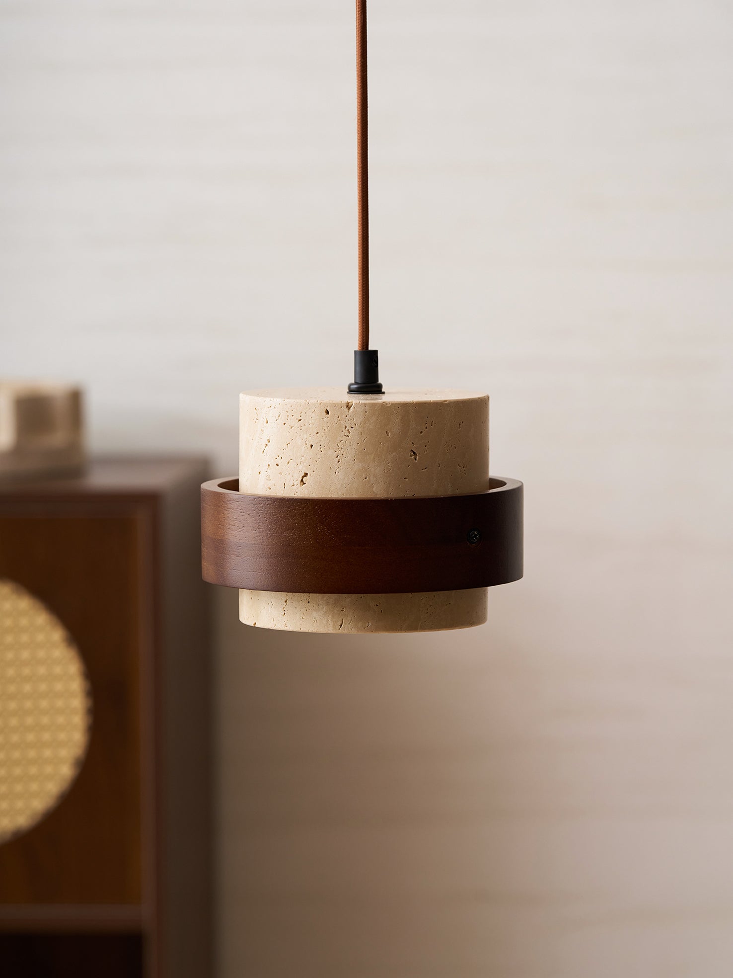 Pendant Light Travertine Stone Shade 6.7 in Ambient Walnut Wood Dining Room Kitchen Island Hanging Lamp | Thomler