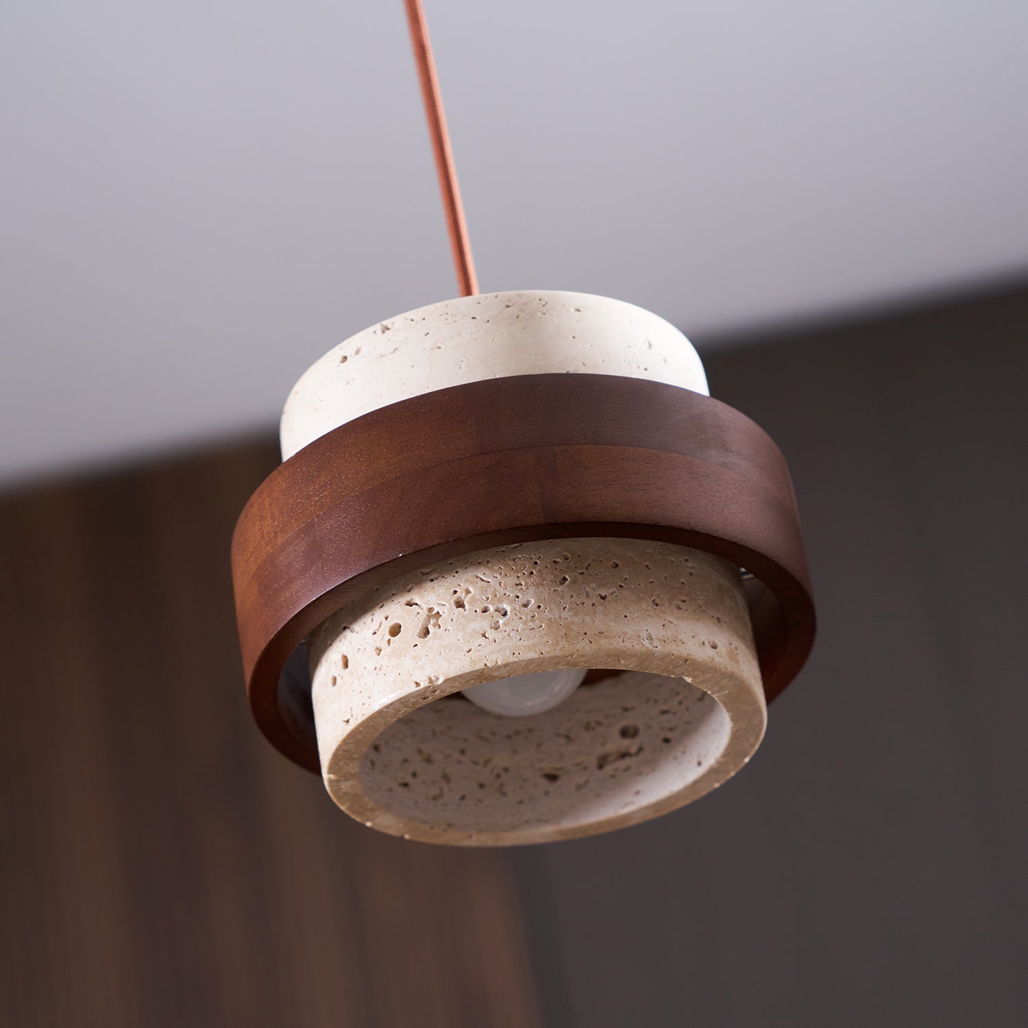 Pendant Light Travertine Stone Shade 6.7 in Ambient Walnut Wood Dining Room Kitchen Island Hanging Lamp | Thomler