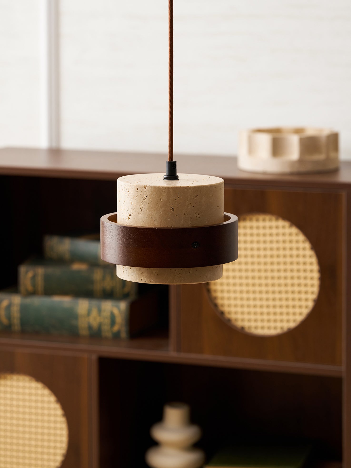 Pendant Light Travertine Stone Shade 6.7 in Ambient Walnut Wood Dining Room Kitchen Island Hanging Lamp | Thomler