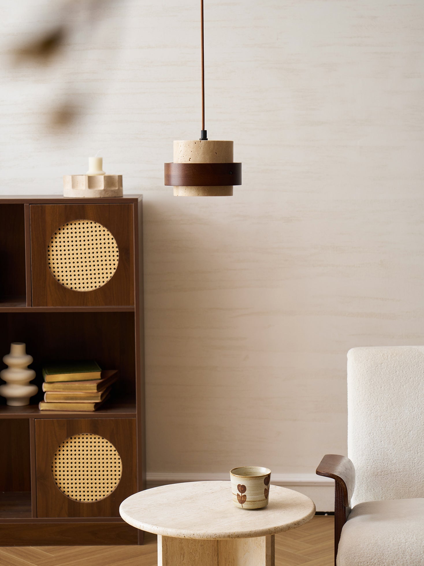 Pendant Light Travertine Stone Shade 6.7 in Ambient Walnut Wood Dining Room Kitchen Island Hanging Lamp | Thomler