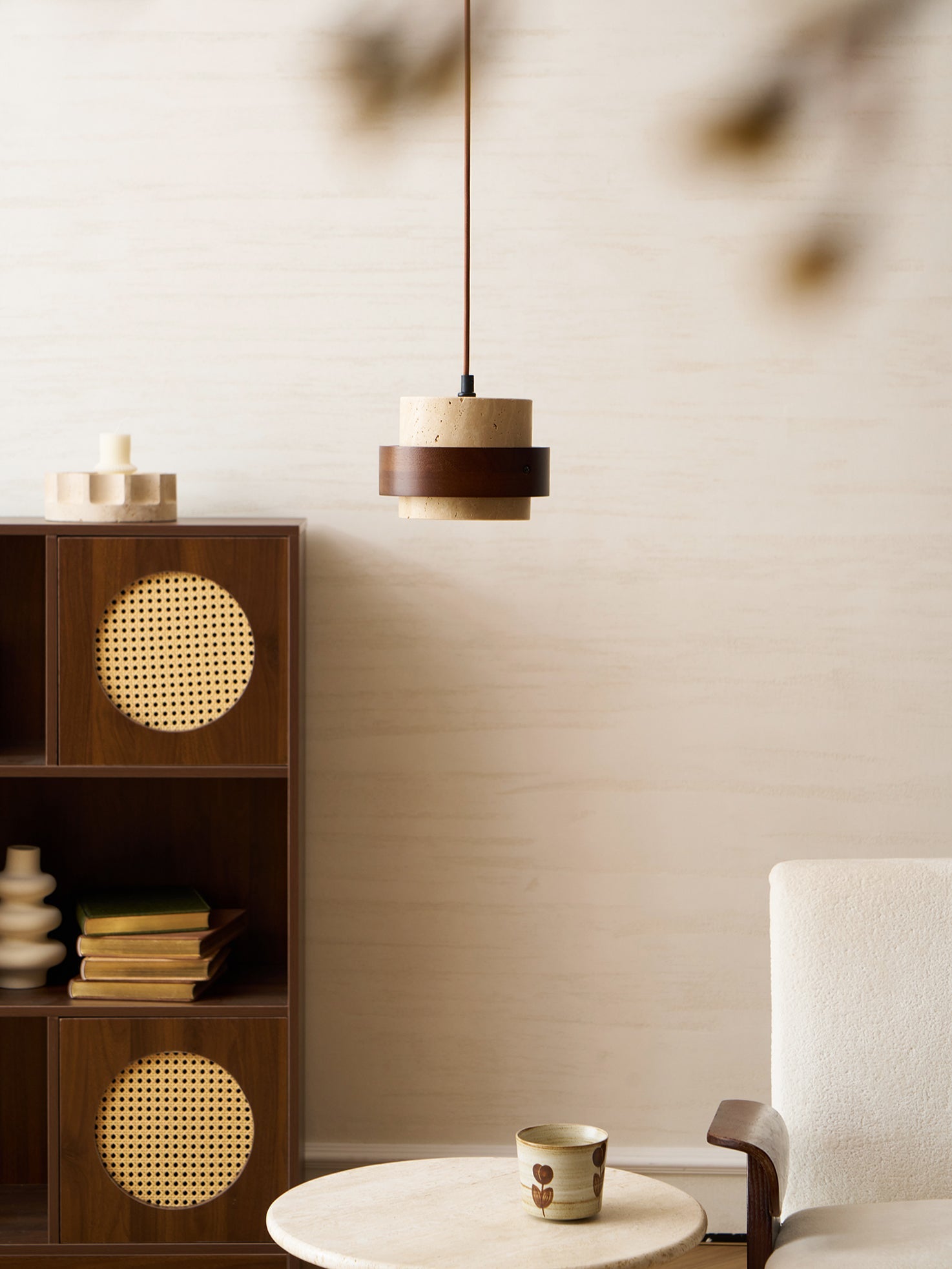 Pendant Light Travertine Stone Shade 6.7 in Ambient Walnut Wood Dining Room Kitchen Island Hanging Lamp | Thomler