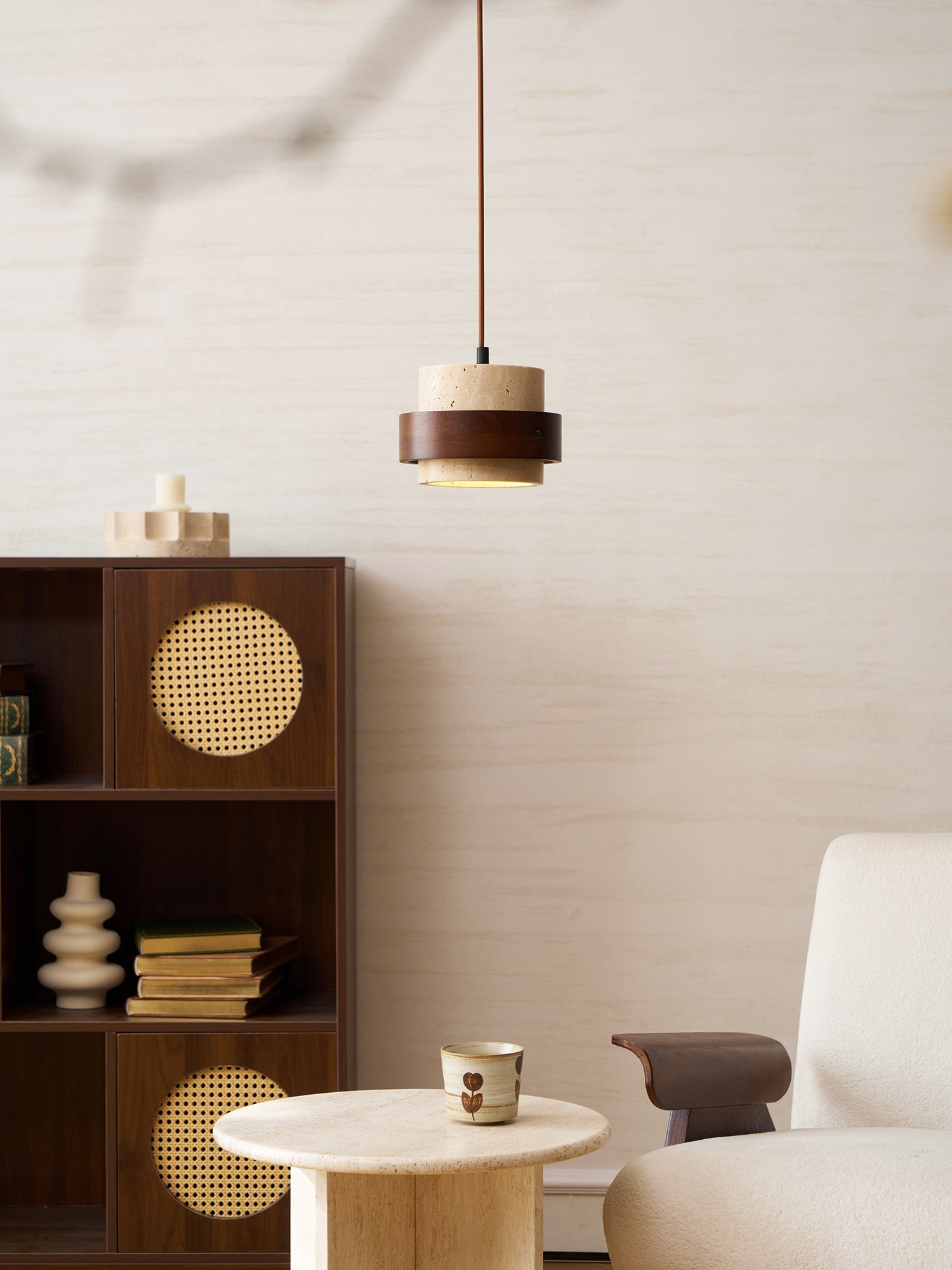 Pendant Light Travertine Stone Shade 6.7 in Ambient Walnut Wood Dining Room Kitchen Island Hanging Lamp | Thomler