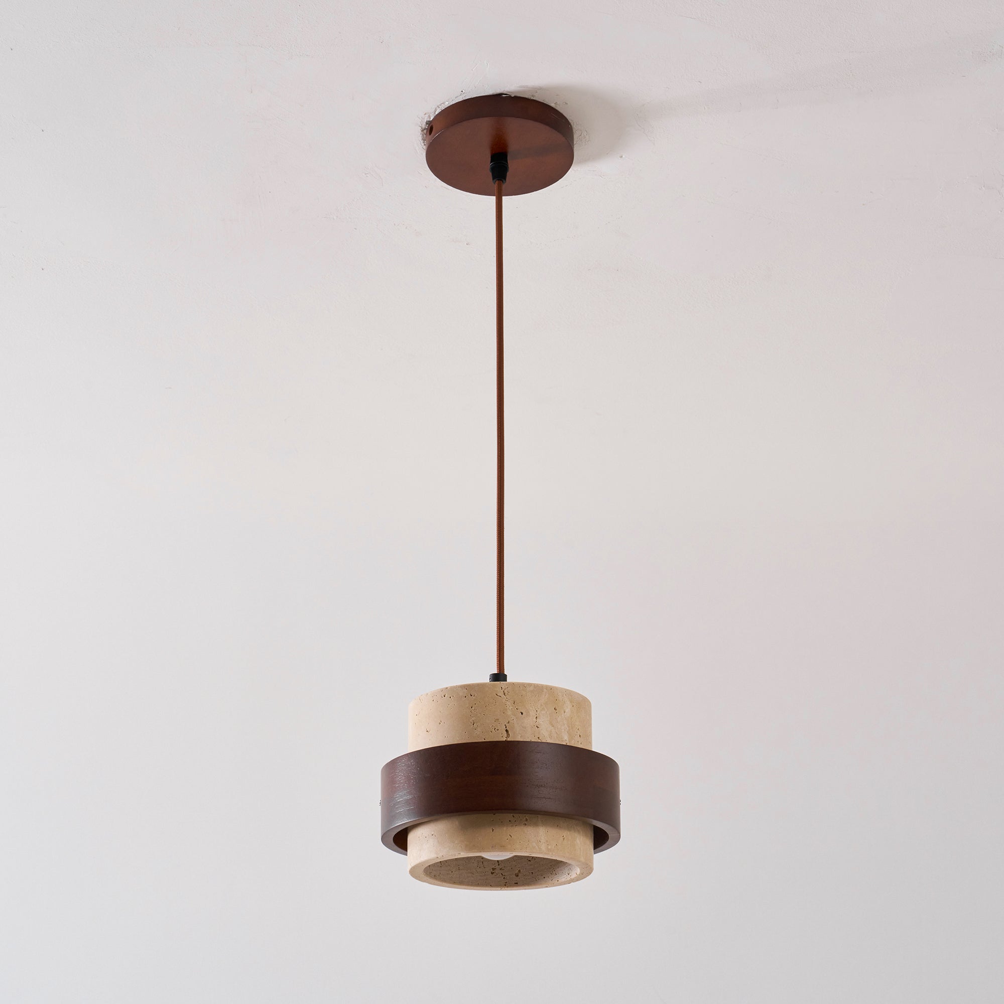 Pendant Light Travertine Stone Shade 6.7 in Ambient Walnut Wood Dining Room Kitchen Island Hanging Lamp | Thomler