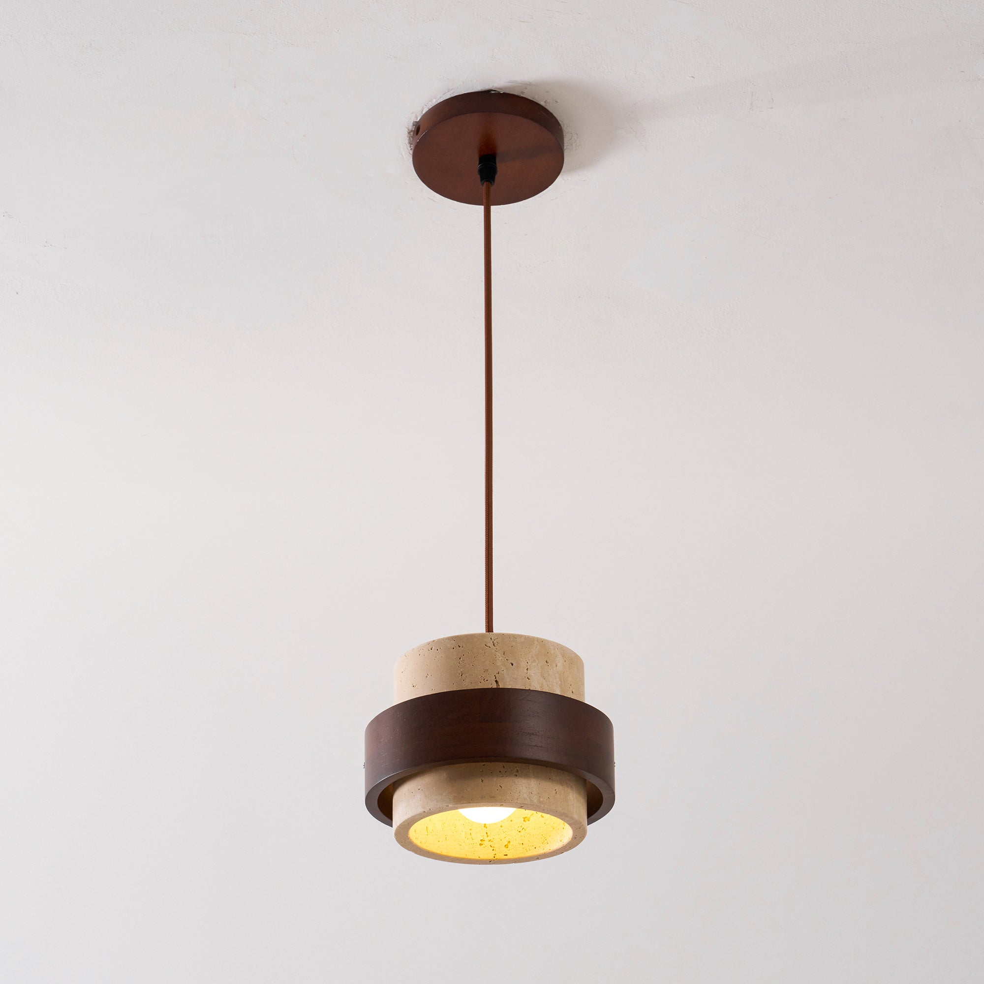 Pendant Light Travertine Stone Shade 6.7 in Ambient Walnut Wood Dining Room Kitchen Island Hanging Lamp | Thomler