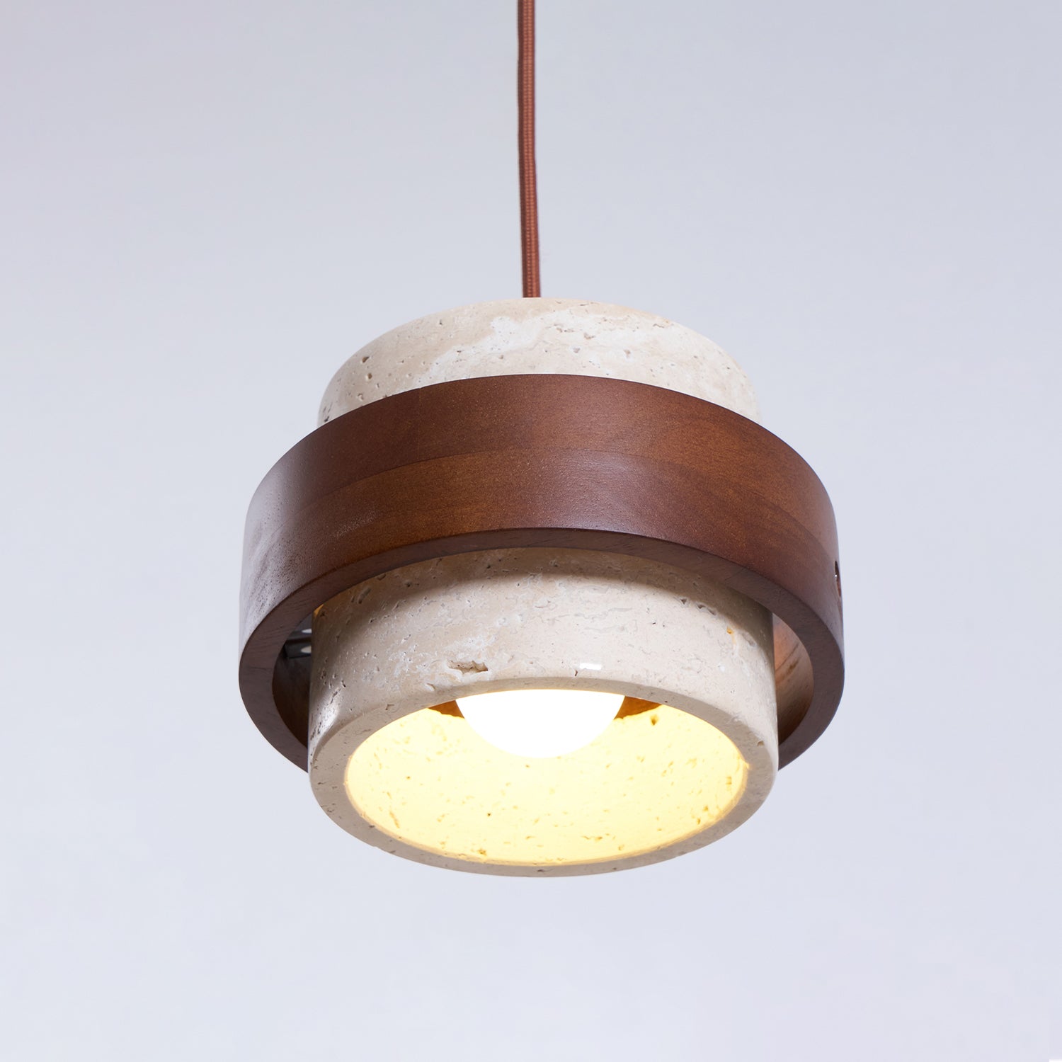 Pendant Light Travertine Stone Shade 6.7 in Ambient Walnut Wood Dining Room Kitchen Island Hanging Lamp | Thomler