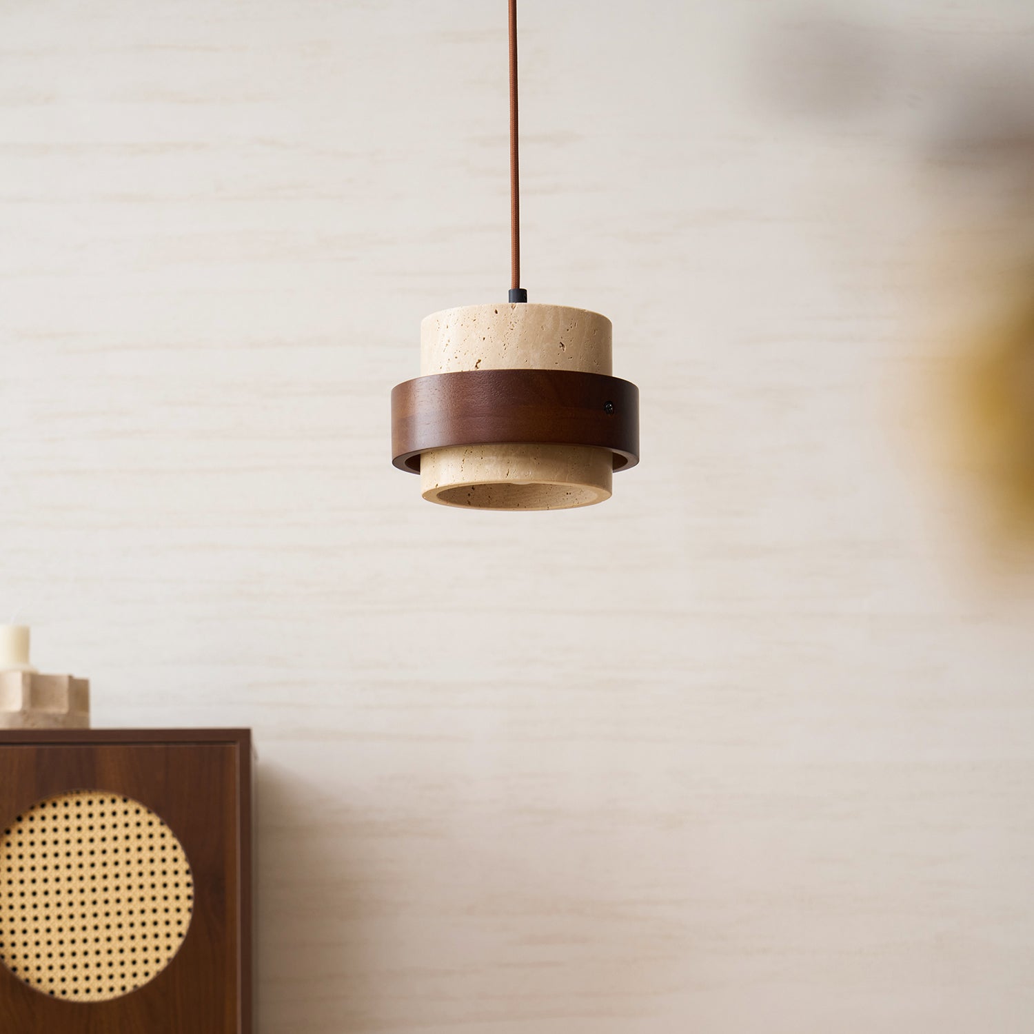 Pendant Light Travertine Stone Shade 6.7 in Ambient Walnut Wood Dining Room Kitchen Island Hanging Lamp | Thomler