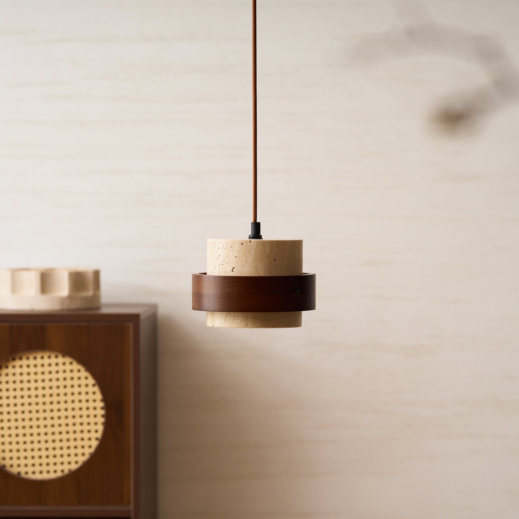 Pendant Light Travertine Stone Shade 6.7 in Ambient Walnut Wood Dining Room Kitchen Island Hanging Lamp | Thomler