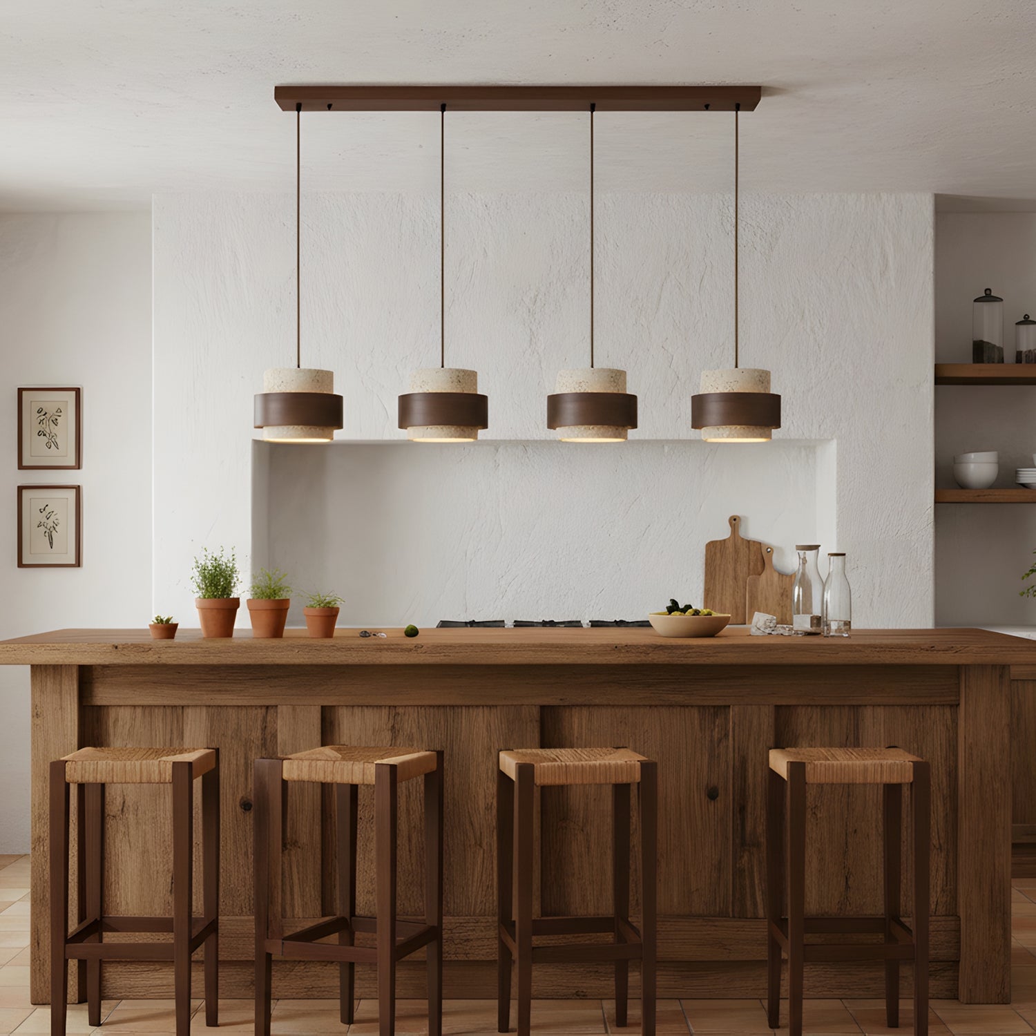 Pendant Light Travertine Stone Shade 6.7 in Ambient Walnut Wood Dining Room Kitchen Island Hanging Lamp | Thomler