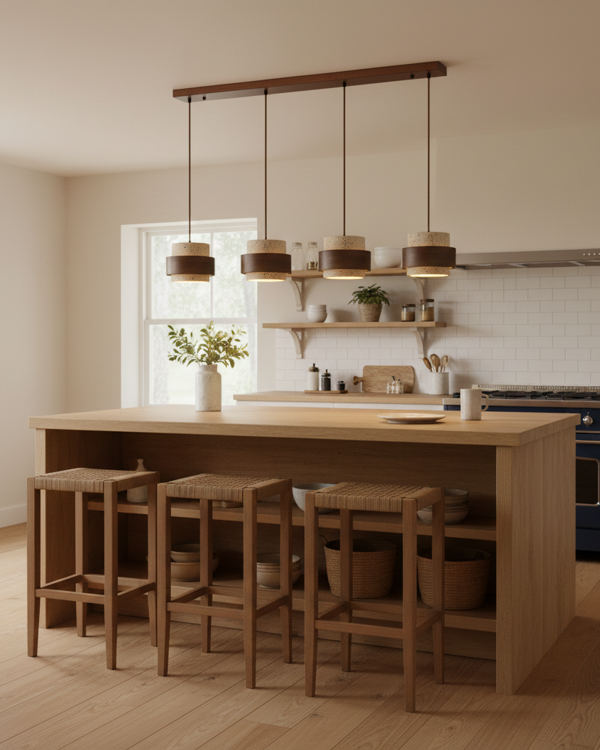 Pendant Light Travertine Stone Shade 6.7 in Ambient Walnut Wood Dining Room Kitchen Island Hanging Lamp | Thomler
