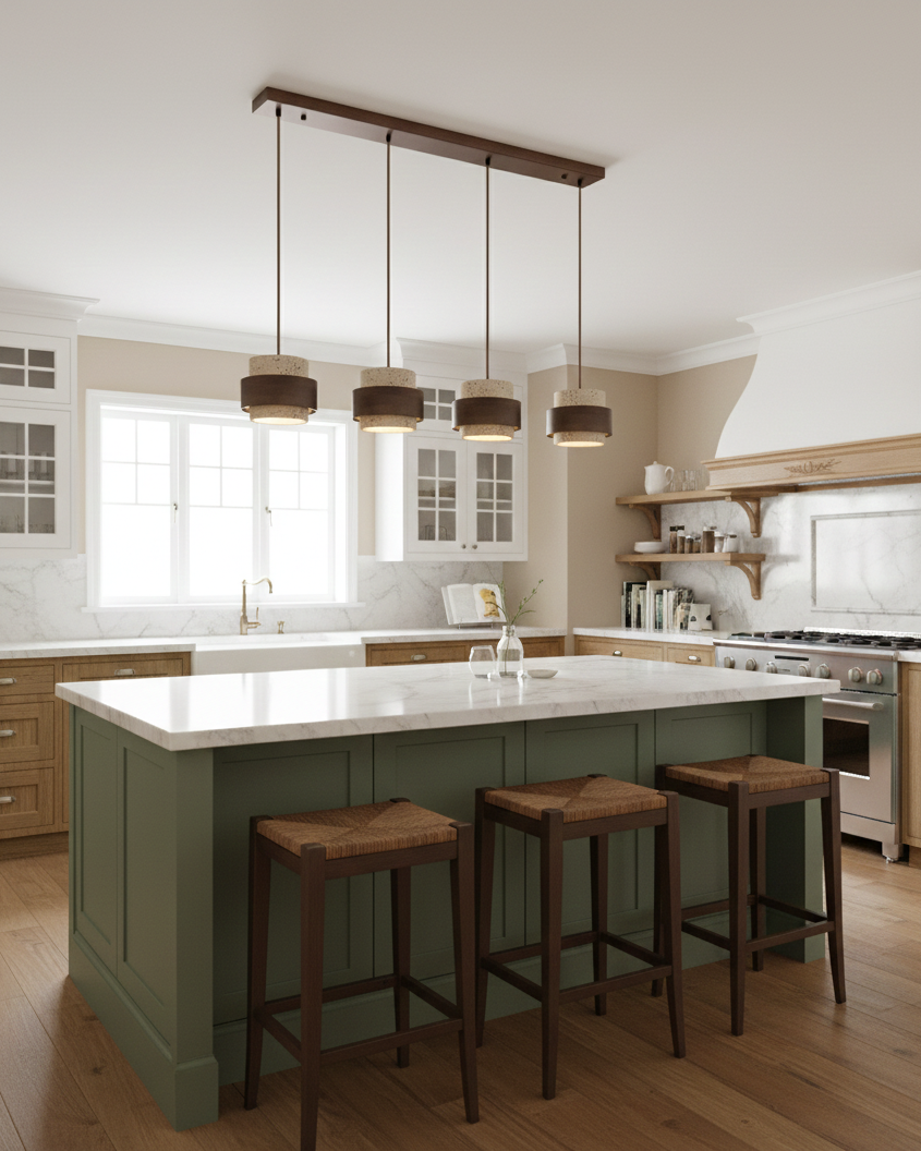 Pendant Light Travertine Stone Shade 6.7 in Ambient Walnut Wood Dining Room Kitchen Island Hanging Lamp | Thomler