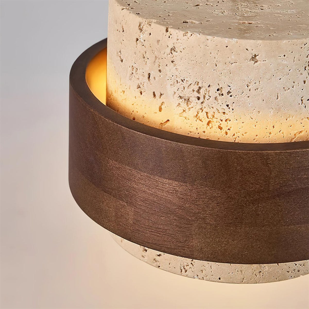 Travertine Stone Pendant Light with Walnut Wood Accent Band – Natural Cylindrical Hanging Fixture for Kitchen & Dining | Thomler
