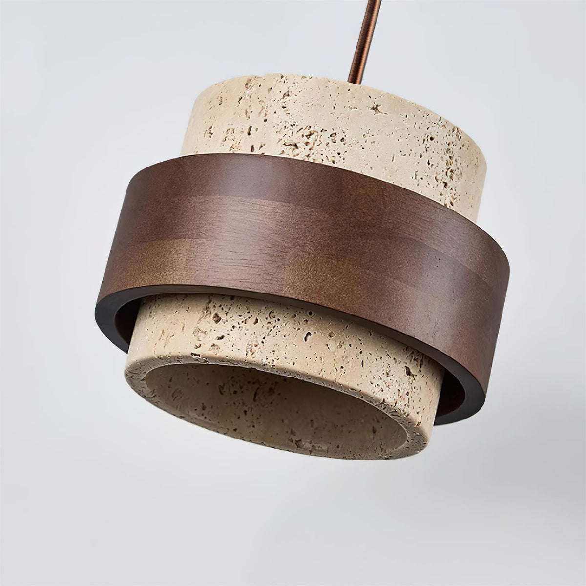 Travertine Stone Pendant Light with Walnut Wood Accent Band – Natural Cylindrical Hanging Fixture for Kitchen & Dining | Thomler