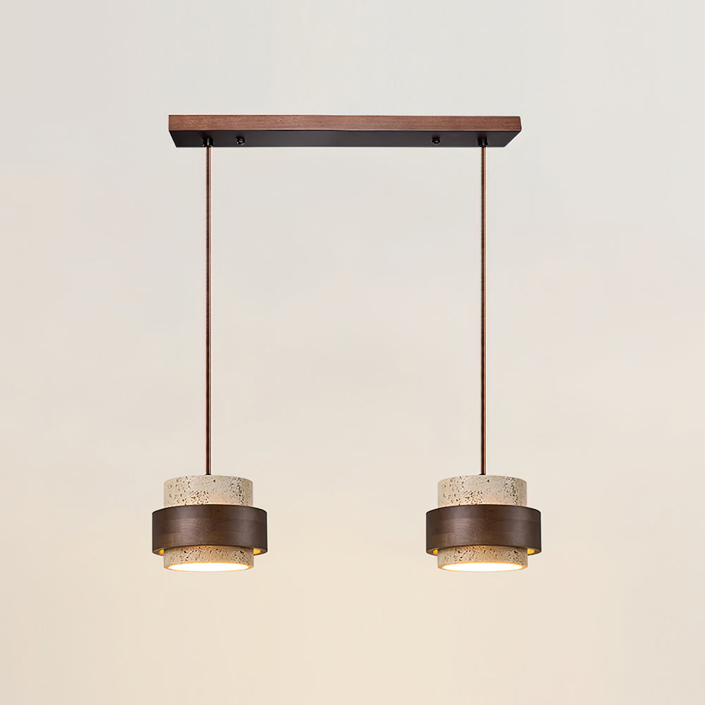 Travertine Stone Pendant Light with Walnut Wood Accent Band – Natural Cylindrical Hanging Fixture for Kitchen & Dining | Thomler