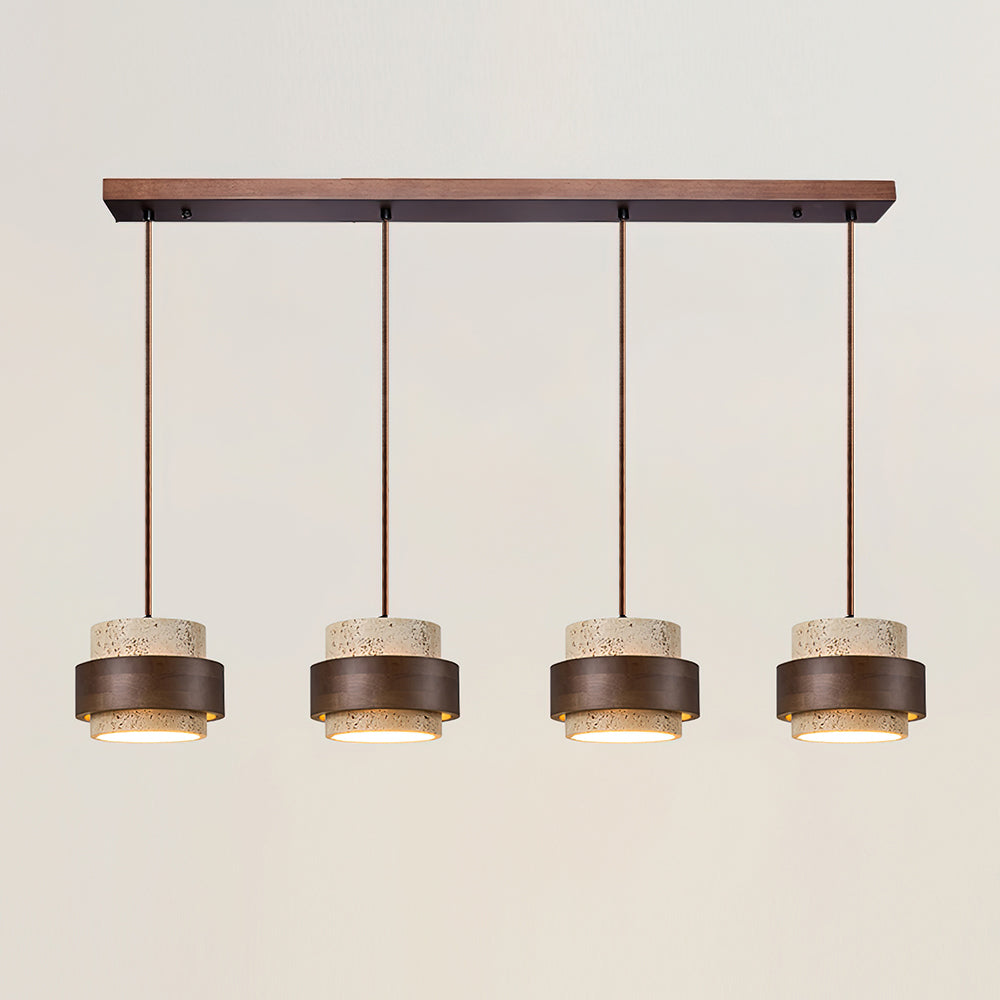 Travertine Stone Pendant Light with Walnut Wood Accent Band – Natural Cylindrical Hanging Fixture for Kitchen & Dining | Thomler