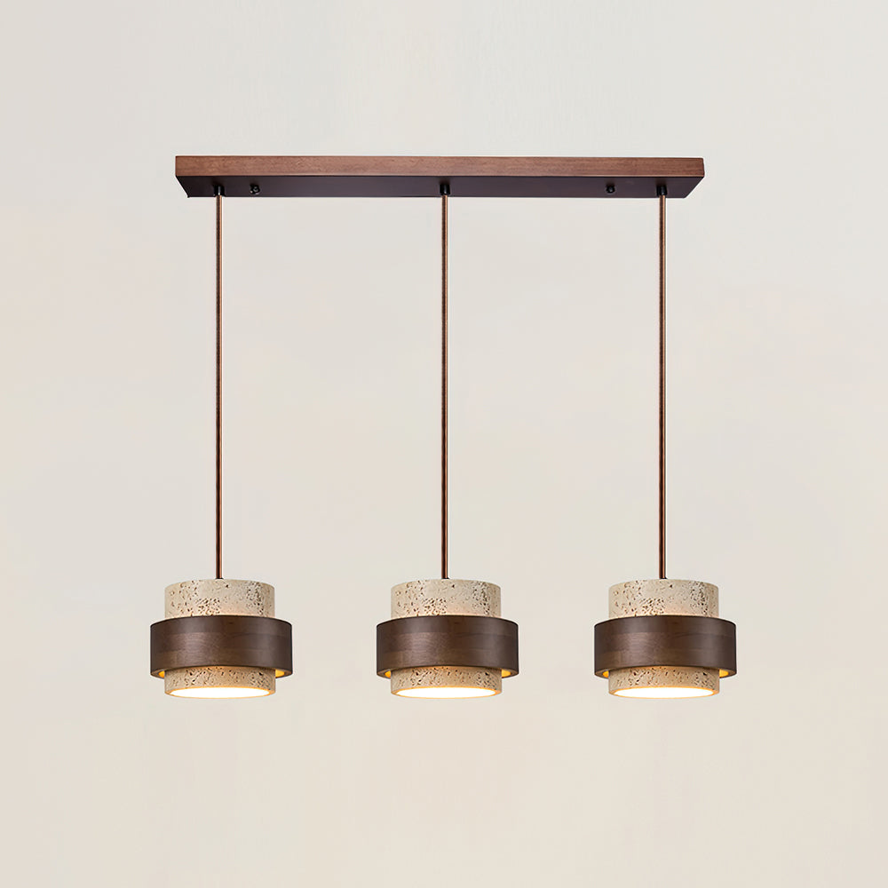 Travertine Stone Pendant Light with Walnut Wood Accent Band – Natural Cylindrical Hanging Fixture for Kitchen & Dining | Thomler
