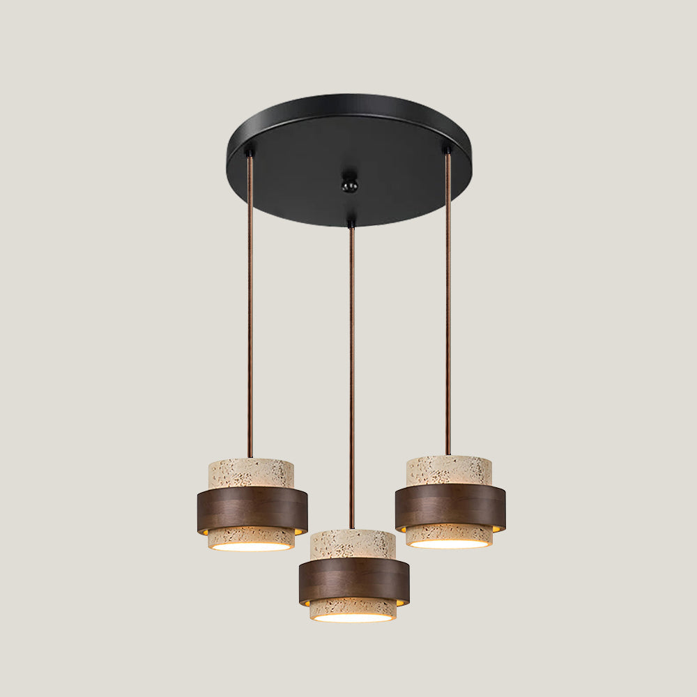 Travertine Stone Pendant Light with Walnut Wood Accent Band – Natural Cylindrical Hanging Fixture for Kitchen & Dining | Thomler