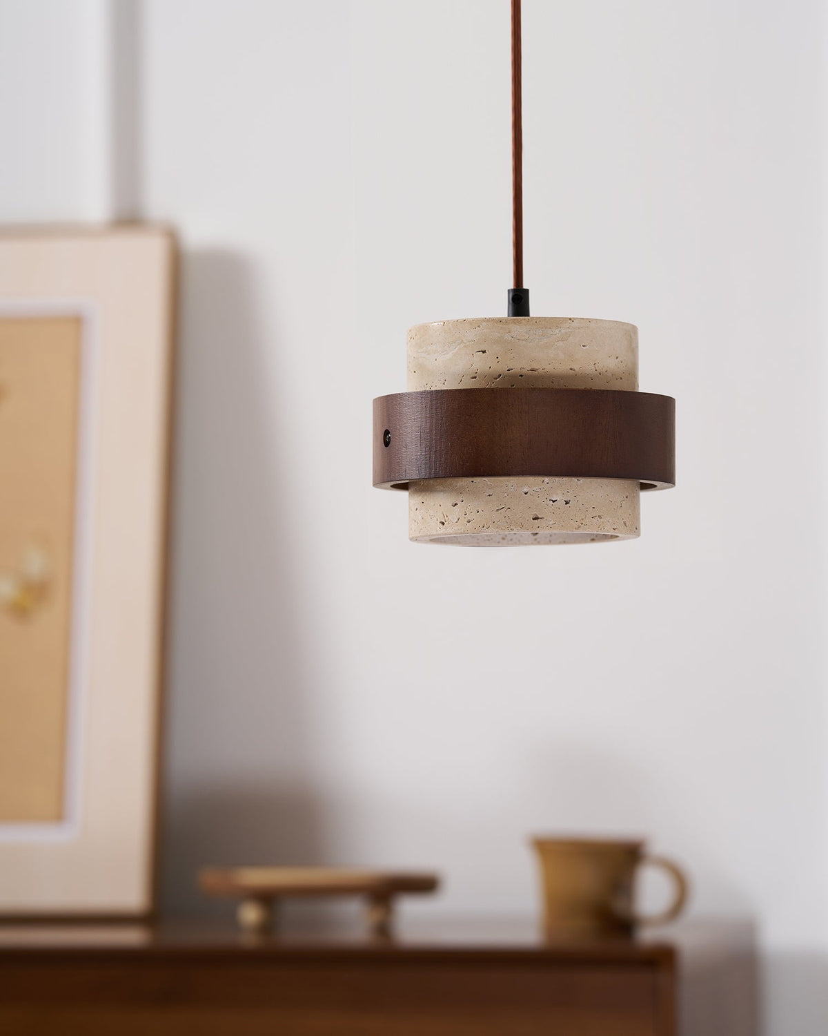 Travertine Stone Pendant Light with Walnut Wood Accent Band – Natural Cylindrical Hanging Fixture for Kitchen & Dining | Thomler