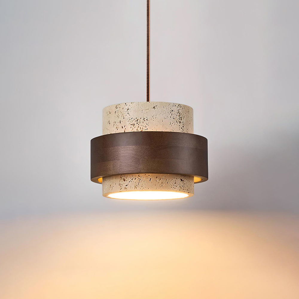 Travertine Stone Pendant Light with Walnut Wood Accent Band – Natural Cylindrical Hanging Fixture for Kitchen & Dining | Thomler