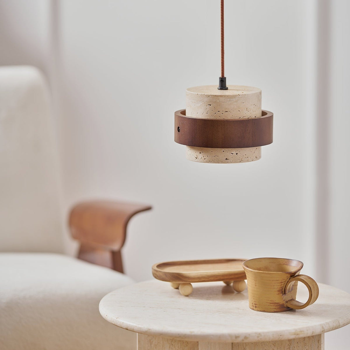 Travertine Stone Pendant Light with Walnut Wood Accent Band – Natural Cylindrical Hanging Fixture for Kitchen & Dining | Thomler