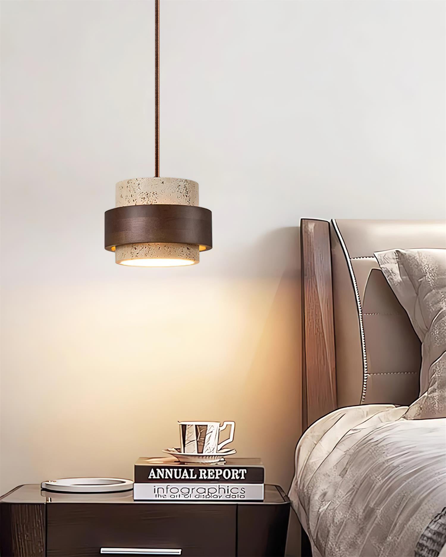 Pendant Light Travertine Stone Shade 6.7 in Ambient Walnut Wood Dining Room Kitchen Island Hanging Lamp | Thomler