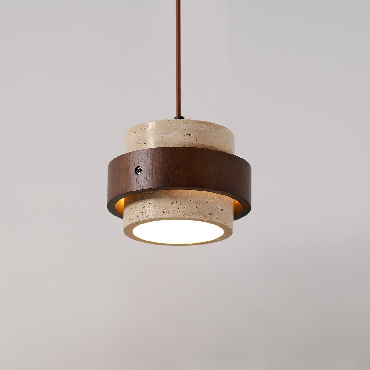 Travertine Stone Pendant Light with Walnut Wood Accent Band – Natural Cylindrical Hanging Fixture for Kitchen & Dining | Thomler