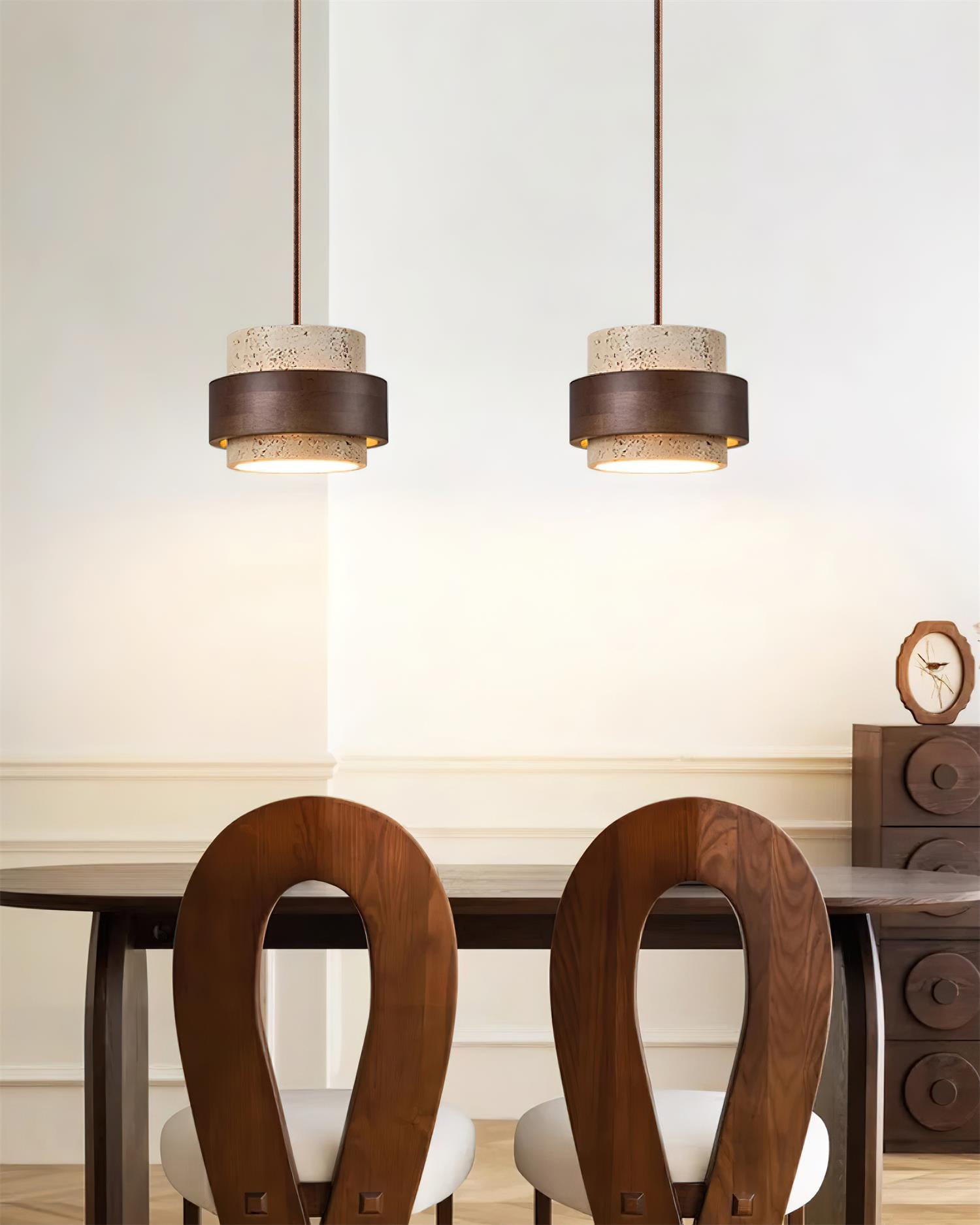 Pendant Light Travertine Stone Shade 6.7 in Ambient Walnut Wood Dining Room Kitchen Island Hanging Lamp | Thomler