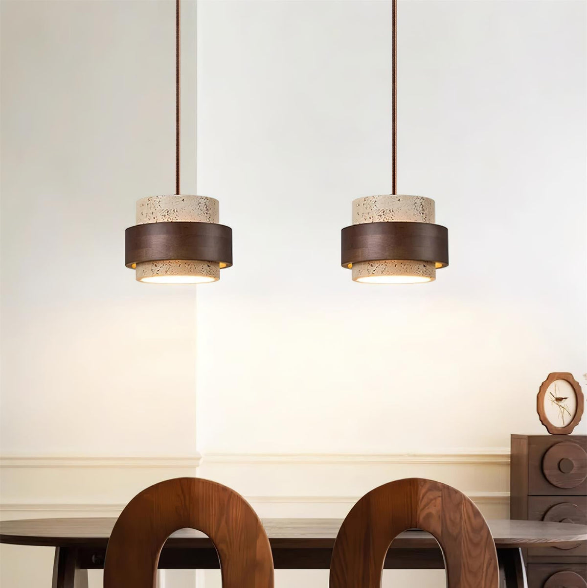 Travertine Stone Pendant Light with Walnut Wood Accent Band – Natural Cylindrical Hanging Fixture for Kitchen & Dining | Thomler