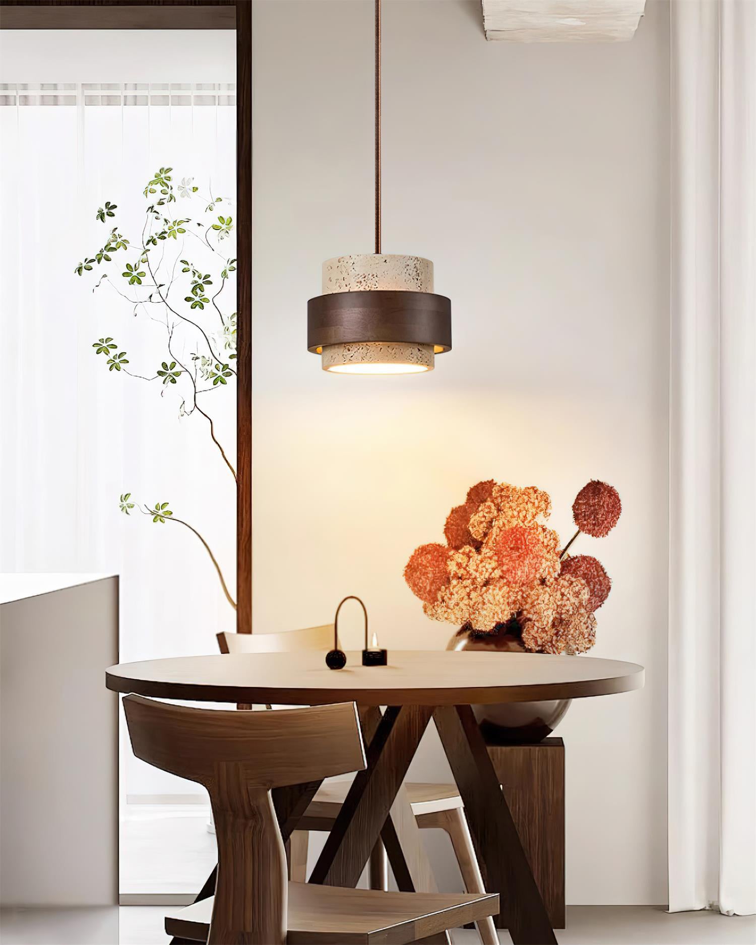 Pendant Light Travertine Stone Shade 6.7 in Ambient Walnut Wood Dining Room Kitchen Island Hanging Lamp | Thomler