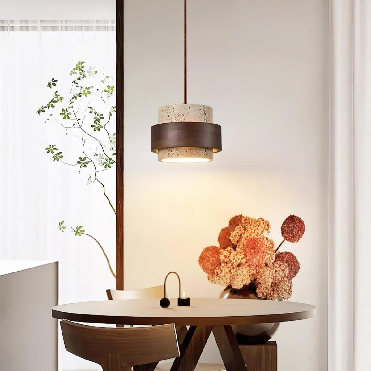 Travertine Stone Pendant Light with Walnut Wood Accent Band – Natural Cylindrical Hanging Fixture for Kitchen & Dining | Thomler